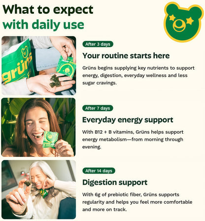 Gruns Adult Sugar-Free Super Greens Multivitamin Gummies, Superfood Gummy Vitamins for Women and Men with Spirulina, Chlorella, Adaptogens & Prebiotic Fiber for Digestive Health (28 Count)
