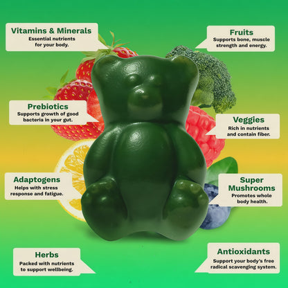 Gruns Adult Sugar-Free Super Greens Multivitamin Gummies, Superfood Gummy Vitamins for Women and Men with Spirulina, Chlorella, Adaptogens & Prebiotic Fiber for Digestive Health (28 Count)