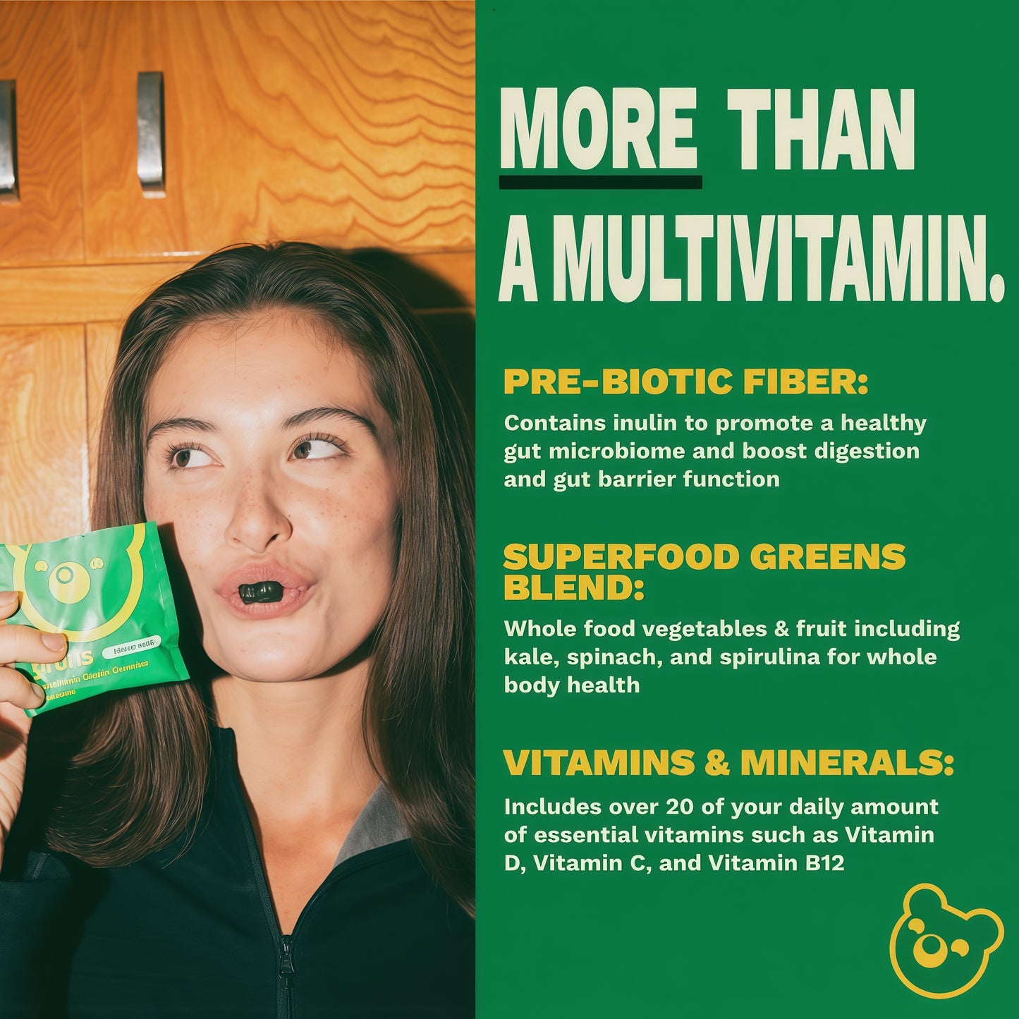 Gruns Adult Sugar-Free Super Greens Multivitamin Gummies, Superfood Gummy Vitamins for Women and Men with Spirulina, Chlorella, Adaptogens & Prebiotic Fiber for Digestive Health (28 Count)