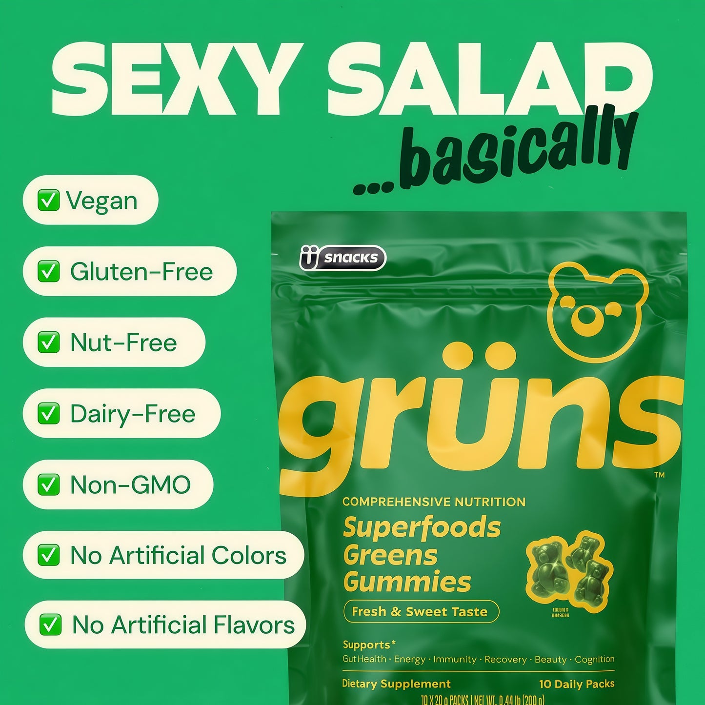 Gruns Adult Sugar-Free Super Greens Multivitamin Gummies, Superfood Gummy Vitamins for Women and Men with Spirulina, Chlorella, Adaptogens & Prebiotic Fiber for Digestive Health (28 Count)