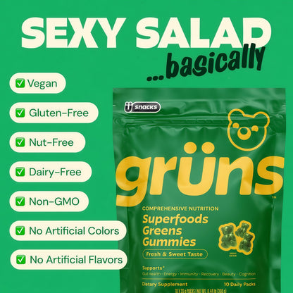 Gruns Adult Sugar-Free Super Greens Multivitamin Gummies, Superfood Gummy Vitamins for Women and Men with Spirulina, Chlorella, Adaptogens & Prebiotic Fiber for Digestive Health (28 Count)