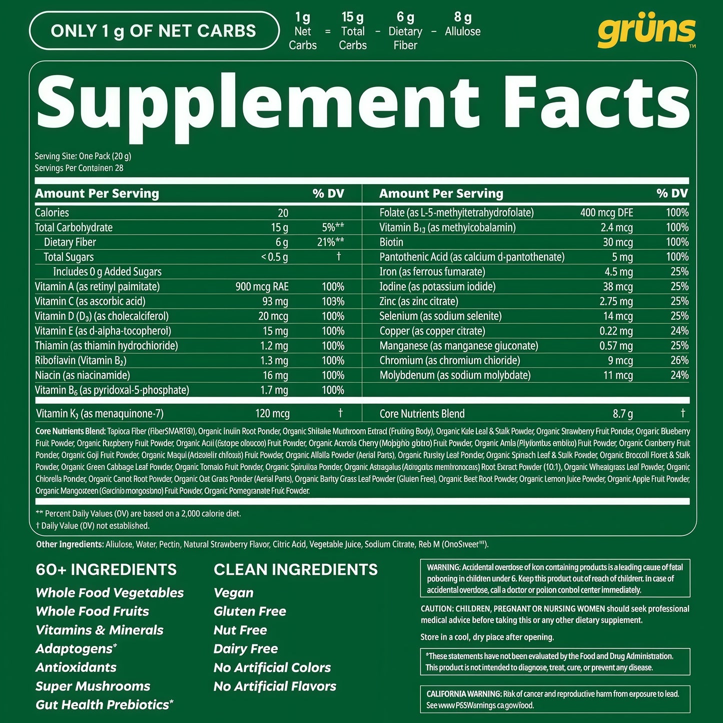 Gruns Adult Sugar-Free Super Greens Multivitamin Gummies, Superfood Gummy Vitamins for Women and Men with Spirulina, Chlorella, Adaptogens & Prebiotic Fiber for Digestive Health (28 Count)