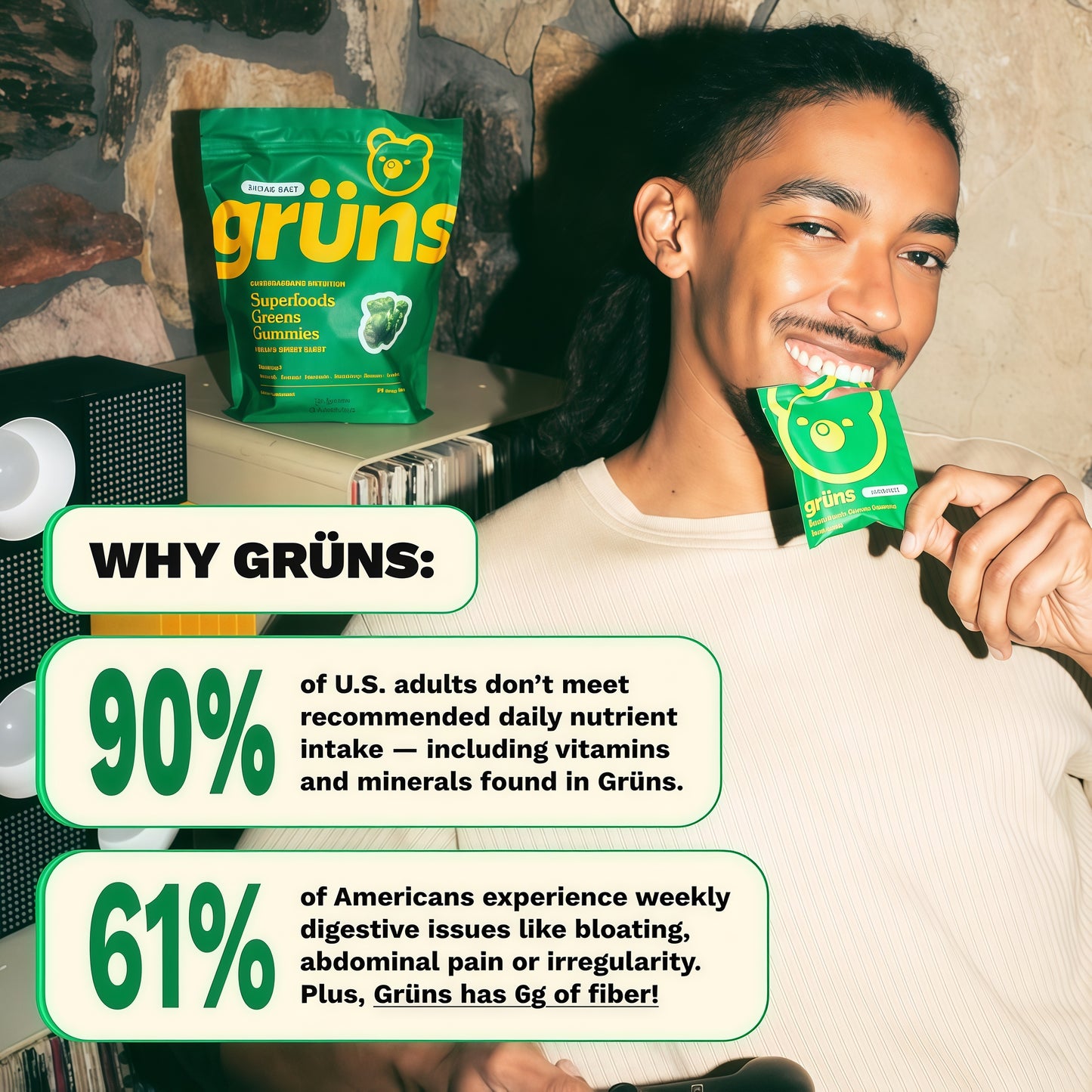 Gruns Adult Sugar-Free Super Greens Multivitamin Gummies, Superfood Gummy Vitamins for Women and Men with Spirulina, Chlorella, Adaptogens & Prebiotic Fiber for Digestive Health (28 Count)
