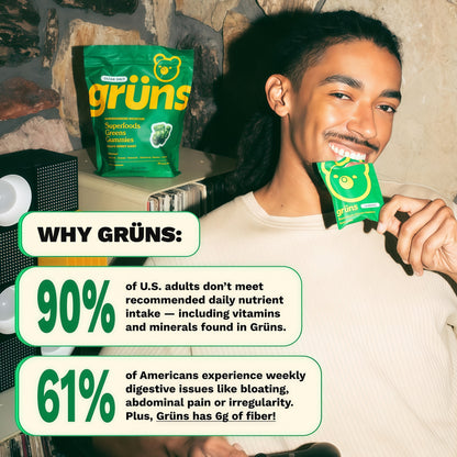 Gruns Adult Sugar-Free Super Greens Multivitamin Gummies, Superfood Gummy Vitamins for Women and Men with Spirulina, Chlorella, Adaptogens & Prebiotic Fiber for Digestive Health (28 Count)