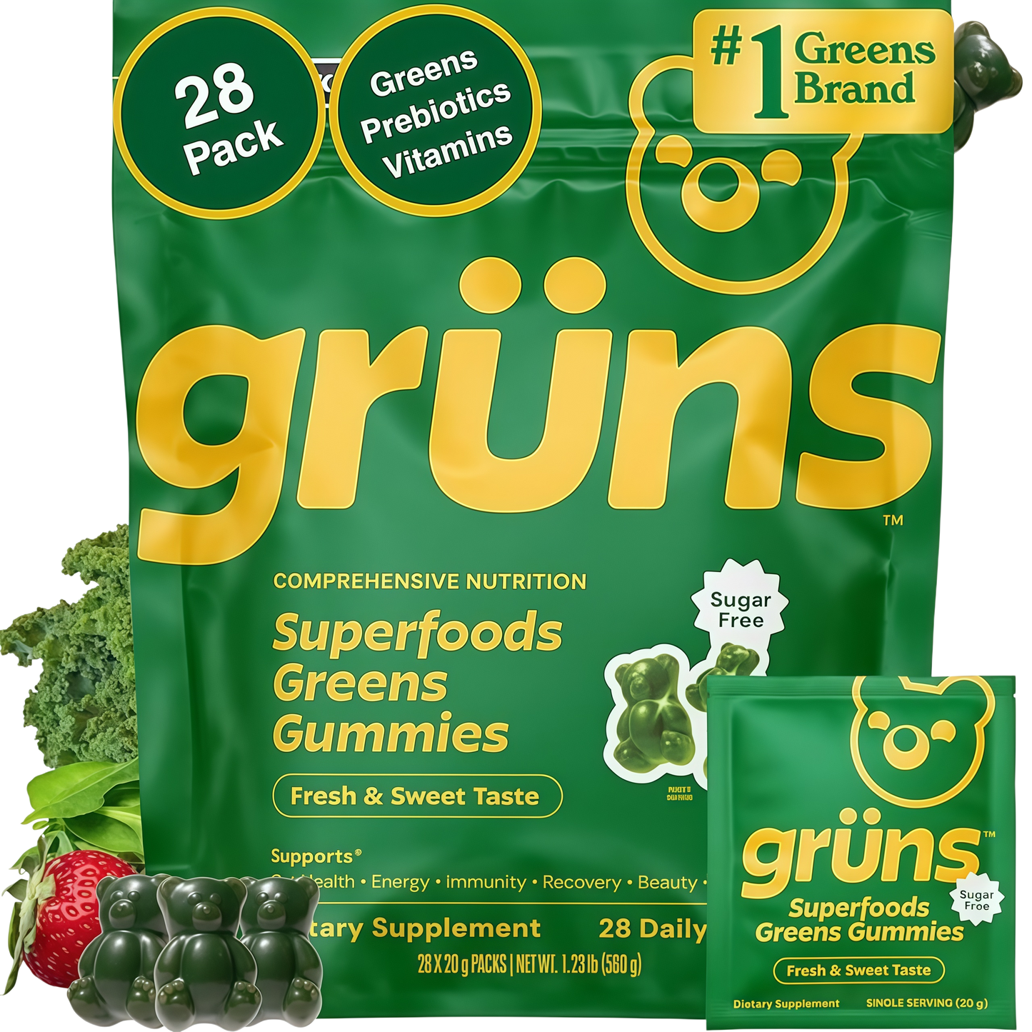Gruns Adult Sugar-Free Super Greens Multivitamin Gummies, Superfood Gummy Vitamins for Women and Men with Spirulina, Chlorella, Adaptogens & Prebiotic Fiber for Digestive Health (28 Count)