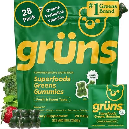 Gruns Adult Sugar-Free Super Greens Multivitamin Gummies, Superfood Gummy Vitamins for Women and Men with Spirulina, Chlorella, Adaptogens & Prebiotic Fiber for Digestive Health (28 Count)