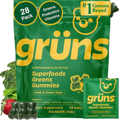Gruns Adult Sugar-Free Super Greens Multivitamin Gummies, Superfood Gummy Vitamins for Women and Men with Spirulina, Chlorella, Adaptogens & Prebiotic Fiber for Digestive Health (28 Count)